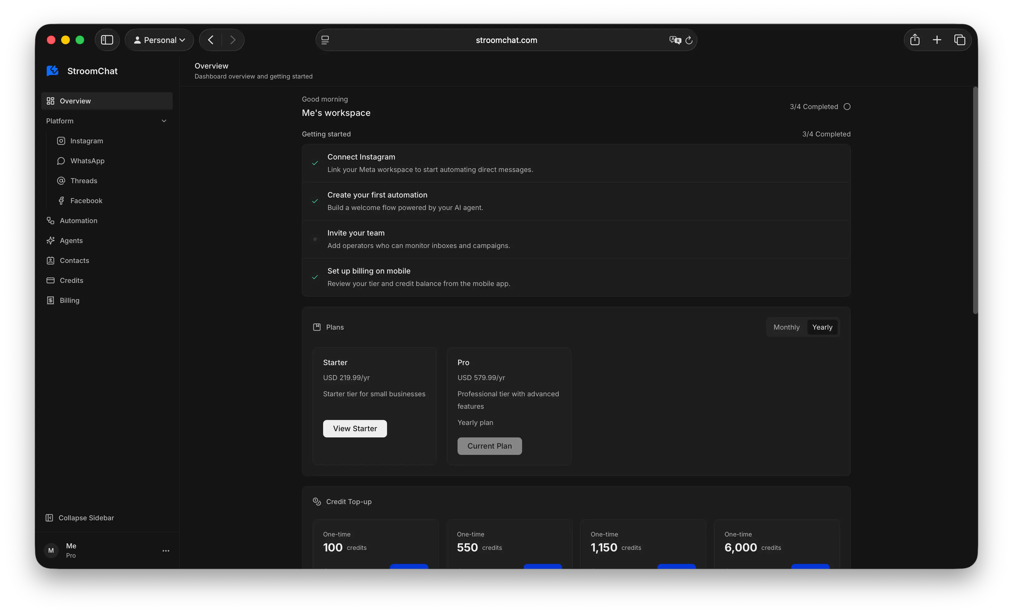 StroomChat dashboard home page